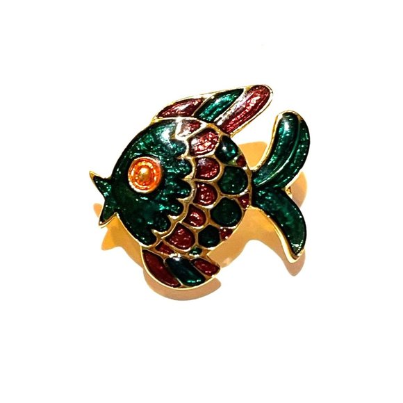Green Red and Gold Cloisonné Puffy Fish Shaped Brooch Signed Ivana Adorable! - Picture 1 of 9